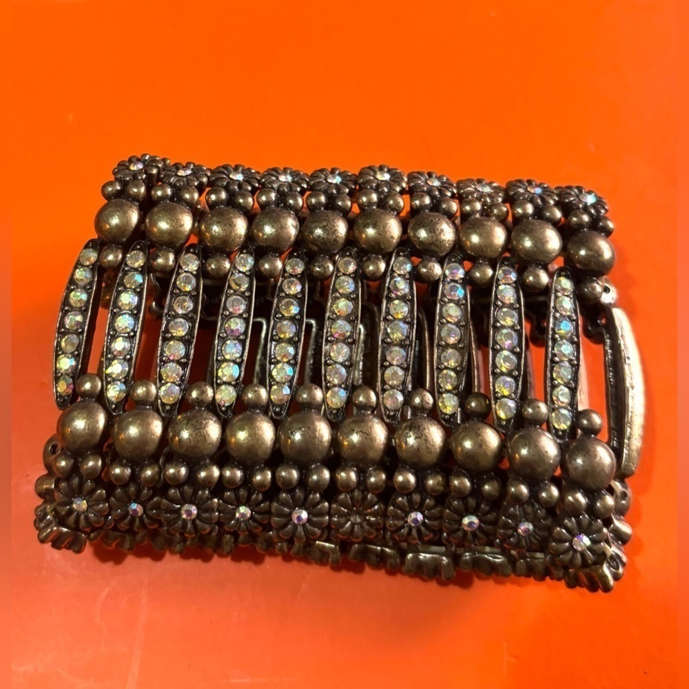 Vintage antique brass expandable multi rhinestone stretchy bracelet one size